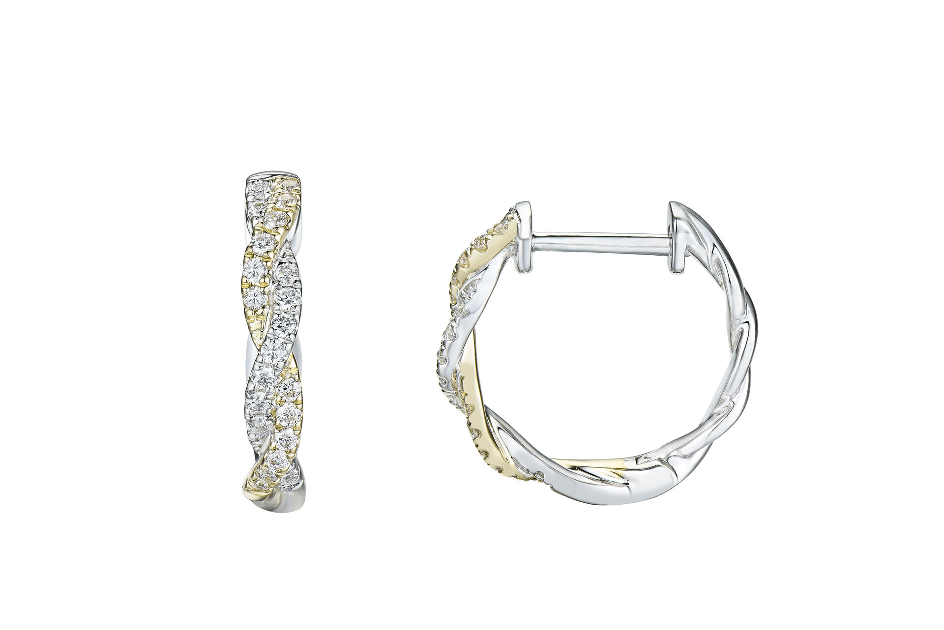 Haakonsen øreringer i gull og hvitt gull med diamanter.