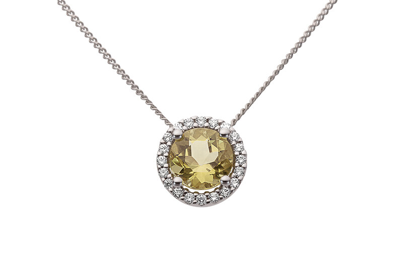 Haakonsen anheng i hvitt gull med gul beryll og diamanter.